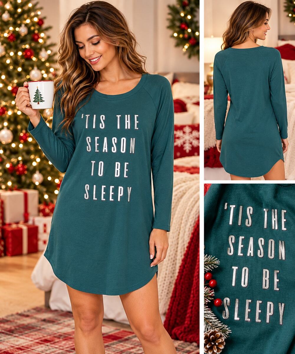 Jenni Christmas Metallic Tis the Season To Be Sleepy Nightshirt Small NWT